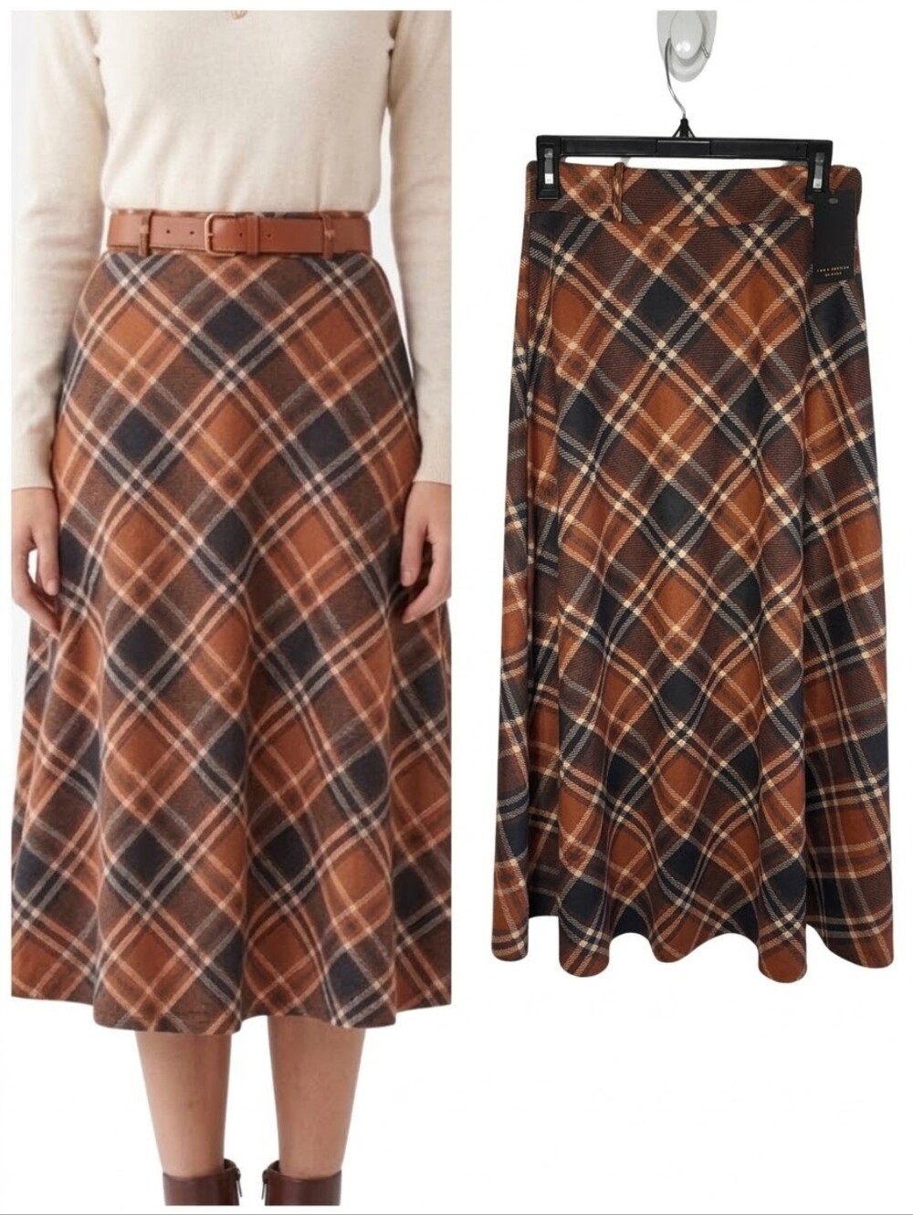 Kurt Muller Womens Brown Plaid A-Line Midi Skirt Women's Size Small/Medium NWT